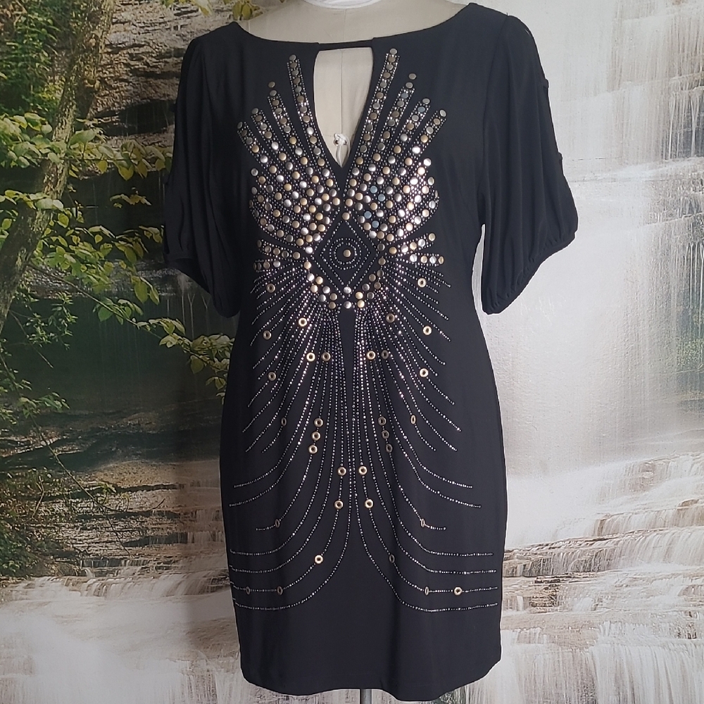Bisou Bisou Womens 14 Petite Black Sparkly Embellishments Dress Cut Out Sleeves